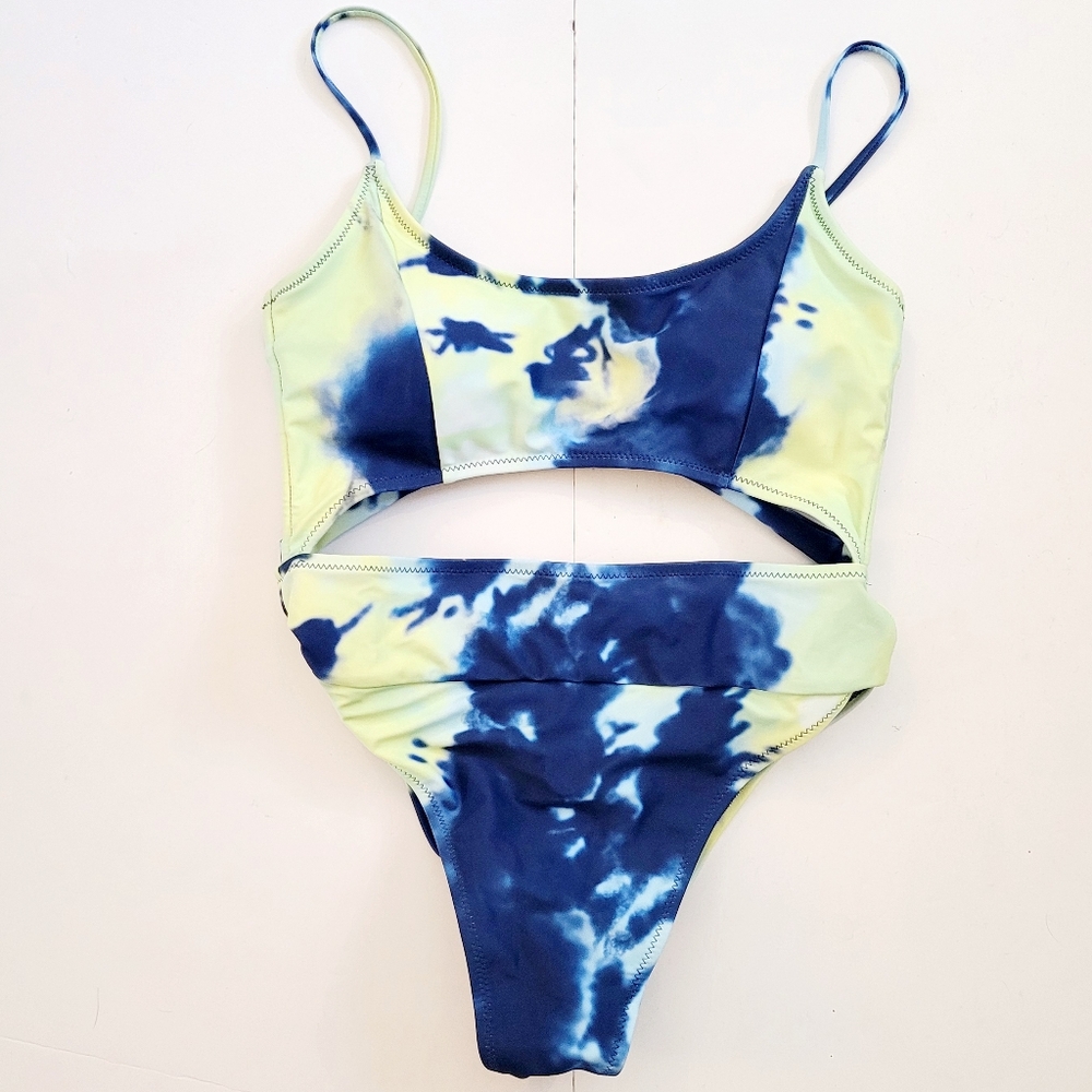 Tie-Dye Cutout One-Piece Swimsuit in Blue and Yellow